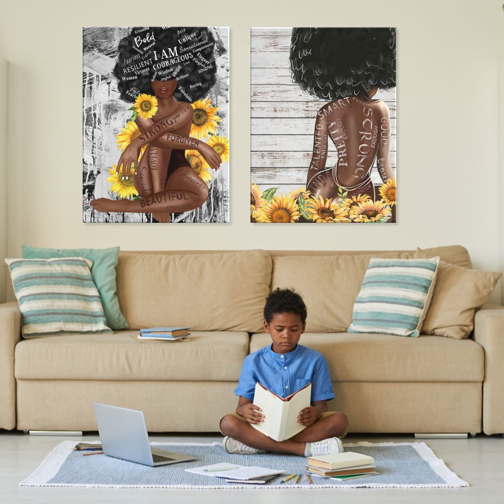 Tableau Toile Déco : Femme Africaine Noir Et Blanc - Cadre Bois 40x30 Cm - Style Africain