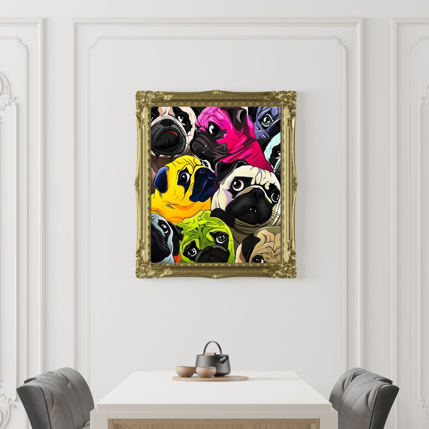 Peinture Pop Art Chien Carlin couleurs